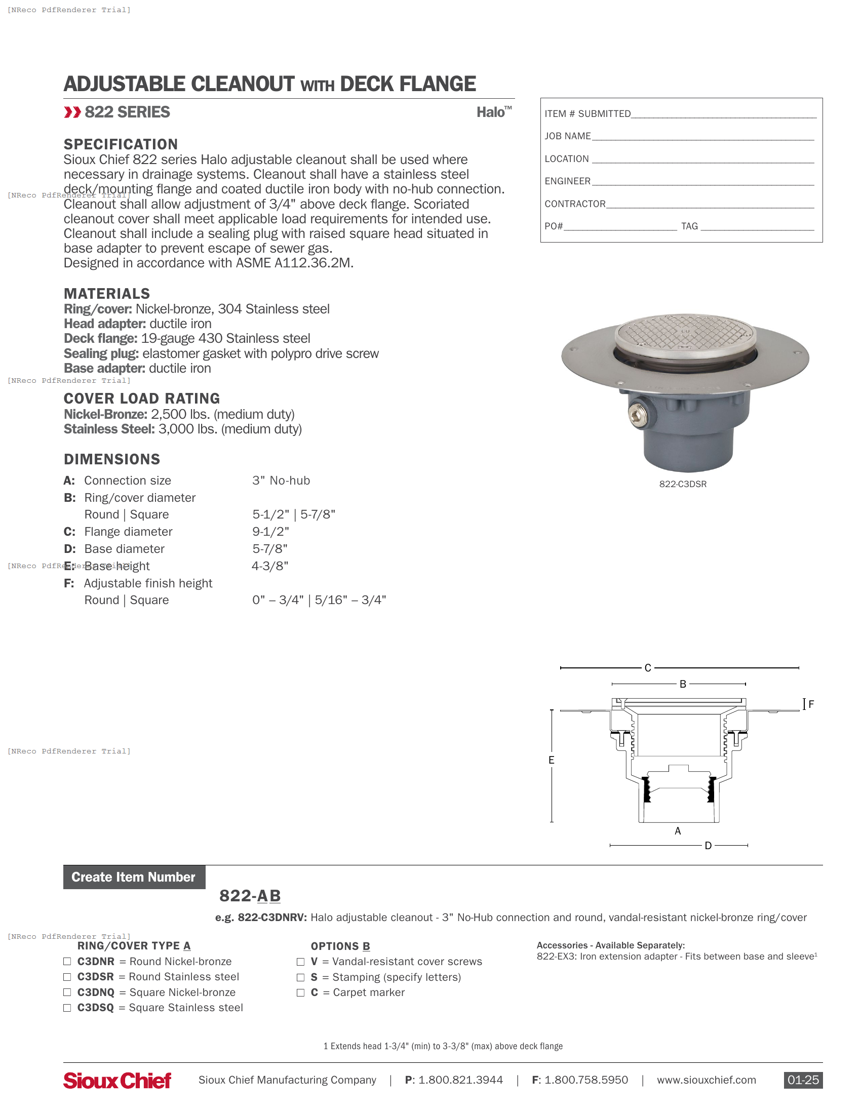 822 SERIES - HALO CLEANOUT NO-HUB - SPEC SHEET.PDF Specification Document